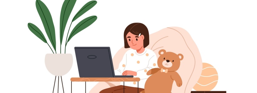 Illustration of a child sitting on a bean bag with a laptop.